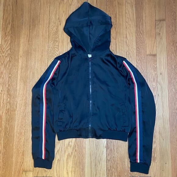 Hot & Delicious Womens Large Silky Black Striped Sleeve Hoodie Jacket - Picture 1 of 11